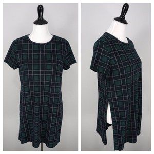 ZARA Trafaluc Green Navy Blue Check Plaid Short Sleeve Slit Side Tunic Top Sz M